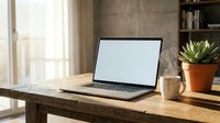 Modern laptop with blank white screen on rustic wooden desk in bright home office workspace with succulent plant and coffee mug for remote work productivity.