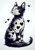Stylized black and white cat with heart-shaped markings looking upward, isolated on white background for pet-themed designs and cat lover merchandise.