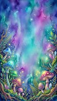 Enchanted forest scene with glowing mushrooms, magical plants, and luminous foliage framing a dreamy watercolor galaxy background in purple, teal, and pink hues. Isolated artwork for prints and designs.