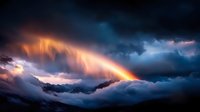 Dramatic mountain landscape with vibrant rainbow piercing through dark storm clouds at sunset, snow-capped peaks emerging from misty valleys in ethereal light.