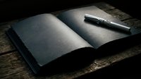 Open notebook with blank pages and pen on wooden surface, suitable for writing, journaling, planning, and creative projects.