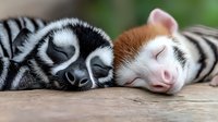 Sleeping lemur and cat lying together in sweet embrace, showing unusual animal friendship and peaceful coexistence. Natural light enhances tender moment.