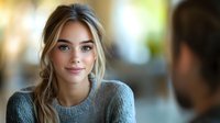 Young Caucasian woman with blonde hair and blue eyes wearing gray knit sweater smiling warmly during conversation, soft natural lighting creates intimate atmosphere.