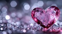 Pink crystal heart on glittering surface with soft bokeh background creates romantic atmosphere for Valentine's Day cards and love-themed designs.