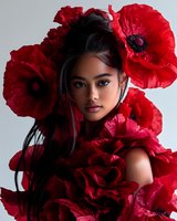 Young Asian woman with long dark hair surrounded by vibrant red poppies against gray background, dramatic fashion portrait highlighting natural beauty and floral elements.