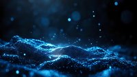 Abstract digital wave of glowing blue particles against dark background, creating futuristic technology landscape for business presentations and tech concepts.