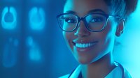 Young woman with glasses smiling at camera in futuristic blue neon environment with glowing lung icons, representing healthcare technology, medical innovation, and respiratory health solutions.