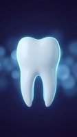 Glowing white tooth with blue light effect on dark background for dental care and oral health concepts.