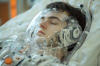 Young male patient in hospital bed wearing advanced medical oxygen helmet with integrated monitoring system for respiratory support during critical care treatment.