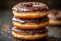 Stack of fresh chocolate glazed donuts with sprinkles on dark background, close up view showing texture and layers of sweet pastry and frosting.