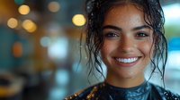 Young Hispanic woman with wet curly hair and bright smile wearing sequin dress against blurred bokeh background, expressing joy and confidence in evening setting.