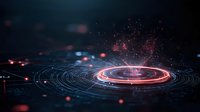 Glowing red spiral with light trails and particles on dark background creates futuristic technology concept with digital network connections and energy flow pattern.
