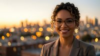 Young woman with curly dark hair and glasses smiling at camera during golden hour sunset with blurred city skyline background, wearing business casual blazer for corporate and professional use.