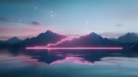 Surreal mountain landscape with glowing pink neon light reflection on calm lake water surface against starry twilight sky, creating mystical atmosphere.