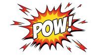 Comic book style POW explosion burst with red yellow flames on white background. Retro pop art superhero action sound effect for graphic design projects.