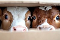 Two curious brown and white calf faces peering through wooden fence gap, close-up view showing big blue eyes and pink noses, creating endearing farm scene.