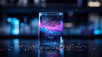 Glowing neon pink and blue particles swirling in glass container against dark background with bokeh lights, creating magical luminescent effect.