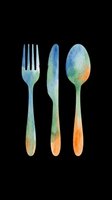 Watercolor fork, knife, and spoon set with blue, green, and orange gradient isolated on transparent background. Ready for clipart, t-shirt design, print-on-demand, and sublimation projects.