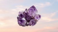 Amethyst crystal cluster floating against a soft pastel sky, showcasing natural purple gemstone facets and sparkling mineral formations.