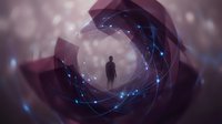 Silhouetted figure standing within glowing digital network spiral, surrounded by connected nodes and data streams in purple and blue tones, representing technology, innovation, and digital transformation concepts.
