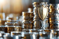 Stacks of silver and gold coins with protective shield symbol, representing financial security and wealth management in soft focused background.