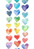 Colorful watercolor hearts in rainbow gradient arrangement on white background, artistic pattern for romantic designs, valentines cards and wedding stationery.