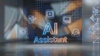 AI Assistant concept with glowing blue text and technology icons on blurred modern office background for digital transformation and automation solutions.