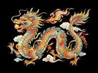 Colorful traditional Asian dragon with flames and clouds, isolated on transparent background. Great for t-shirt design, stickers, clipart, sublimation, print on demand.