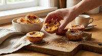 Hand reaching for freshly baked Portuguese custard tarts on wooden board with coffee cup in warm kitchen setting.