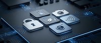 Young adult male, Caucasian appearance, arranging metallic security and technology icons on digital circuit board surface for cybersecurity project planning.