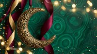 Ornate golden crescent moon with intricate patterns on emerald green background with burgundy ribbons and warm bokeh lights for festive celebrations.