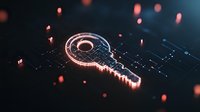 Digital glowing key icon on circuit board background with red particles floating in dark space, representing cybersecurity and data protection concept.