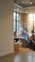 Hand holding smartphone displaying digital network visualization with connected nodes and data points in modern office environment with natural light.