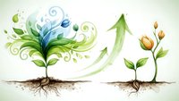 Two growing plants with visible roots in soil showing growth stages from seedling to mature plant with decorative swirls and arrows indicating development progress.