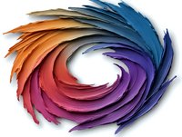 Colorful spiral arrangement of layered feather-like shapes in vibrant orange, red, pink, purple and blue tones on white background, isolated design element for creative projects.