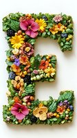 Letter E made from colorful flowers, herbs, berries and natural elements on white background for botanical typography and organic design projects.