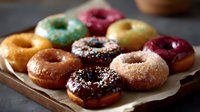 Colorful glazed donuts with sprinkles arranged on wooden serving board, fresh baked pastries with chocolate, vanilla and fruit toppings in warm lighting.