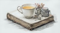 Vintage teacup with steaming tea placed on aged book alongside decorative glass jar and delicate pink flowers, watercolor style illustration on white background.