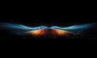 Glowing abstract light waves with colorful particles spreading across dark background, creating dynamic motion effect for technology and digital concepts.
