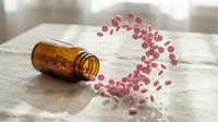 Pink pills spilling from amber glass medicine bottle on wooden surface for healthcare and pharmaceutical concepts.