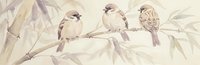 Four small brown sparrows perched together on bamboo branch with soft beige leaves in gentle watercolor style for nature and wildlife designs.