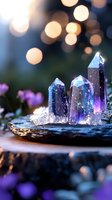 Magical crystal quartz points with purple and blue hues on natural wood slice, bokeh lights background creating mystical atmosphere. Perfect for spiritual designs.