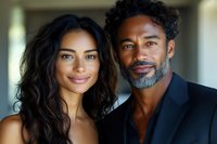 Happy mixed-race couple portrait with woman and mature bearded man smiling together in elegant attire for lifestyle photography.