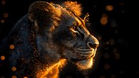 Majestic black panther profile with glowing golden particles and backlight creating dramatic atmosphere against dark background, wildlife art concept.