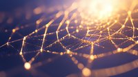 Glowing golden network connections on dark blue background with bokeh light effect and depth of field, abstract technology concept for digital transformation.