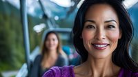 Asian woman with bright smile and long dark hair outdoors with blurred female friend in background against mountain landscape. Natural lifestyle portrait.