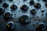 Dark water drops with glowing yellow light reflections on black surface create mysterious and futuristic macro photography composition. Suitable for tech backgrounds.