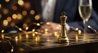 Golden chess king piece on board with champagne glass and warm bokeh lights creating luxurious celebration atmosphere for strategic business success concepts.