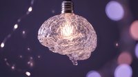 Creative brain-shaped light bulb glowing with warm filament against purple bokeh background symbolizing innovation, creativity, intelligence and bright ideas.