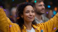 Young African American woman with curly hair smiling joyfully with arms raised while celebrating at outdoor festival among colorful confetti and bokeh lights.